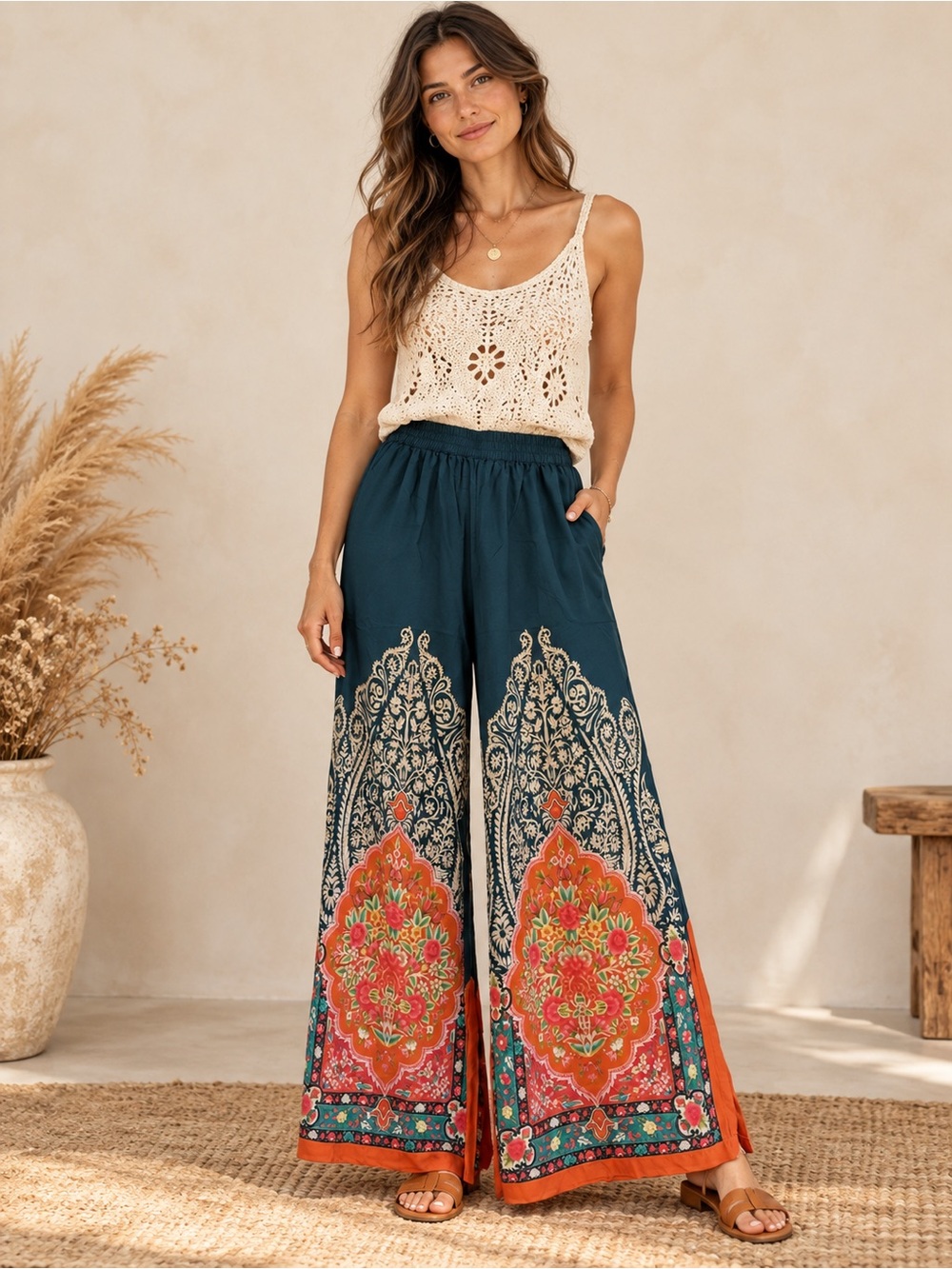 Natural Life Teal Floral Paisley Palazzo Pants Wide Leg Boho M Hippie Rayon